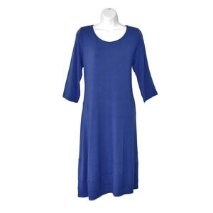 A5 Auth EILEEN FISHER Blue Stretch Rayon Jersey 3/4 Sleeve Midi Dress Size M